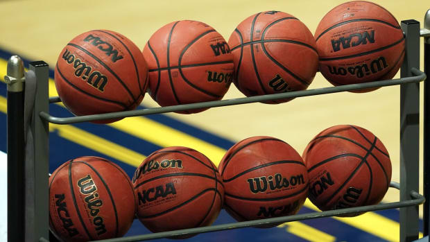Dec 22, 2020; Berkeley, California, USA; A rack of basketballs sits on the court before the game between the California Golden Bears and the Seattle Redhawks at Haas Pavilion. Mandatory Credit: Darren Yamashita-USA TODAY Sports